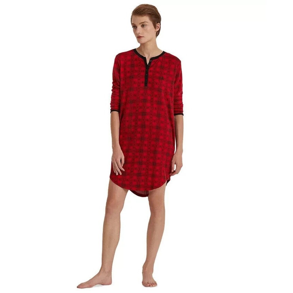 LAUREN RALPH LAUREN Women's Printed Henley Sleepshirt Red black Size XL